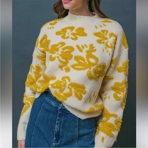 Flying Tomato Floral Crew Neck Sweater - Cream and Yellow